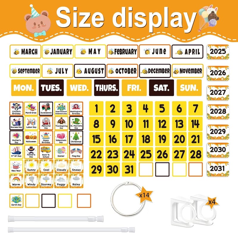 EggSun 96 Cards Classroom Bulletin Board Decorations Set for Teachers,Flip Calendar with Holder for Classroom,Adjustable Calendar,Preschool Elementary Home Decor Supplies（Bee） - Image 2